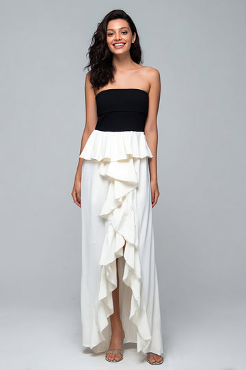 Strapless Sheath Ruffle Asymmetrical Black and White Formal Dress